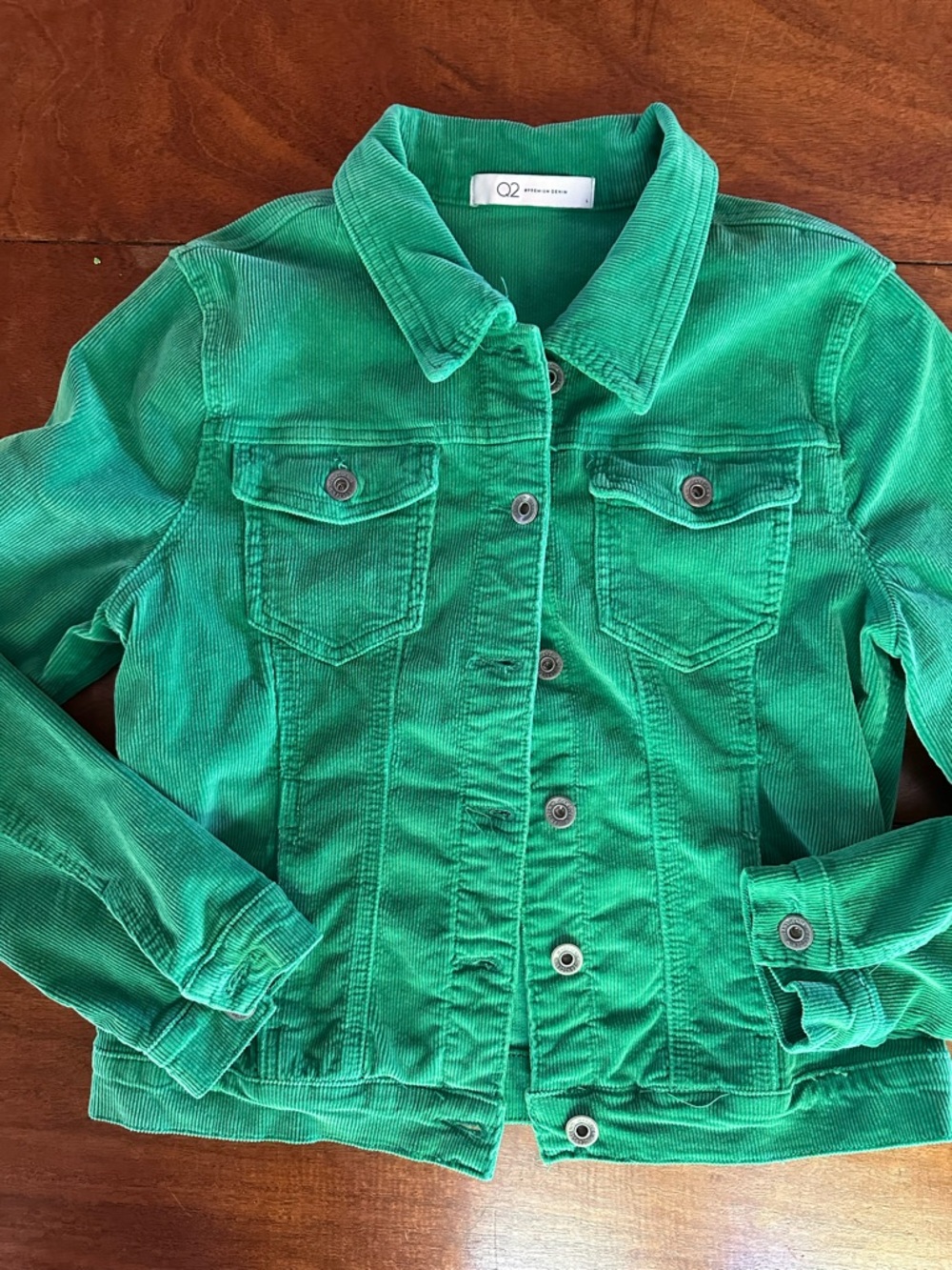 Q2 Premium Denim Green Corduroy Jacket | Cropped Trucker Style | Size S/M